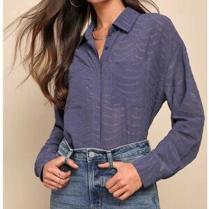 Lulus Elevated Perception Slate Blue Sheer Textured Wavy Button-up Top - Size XS